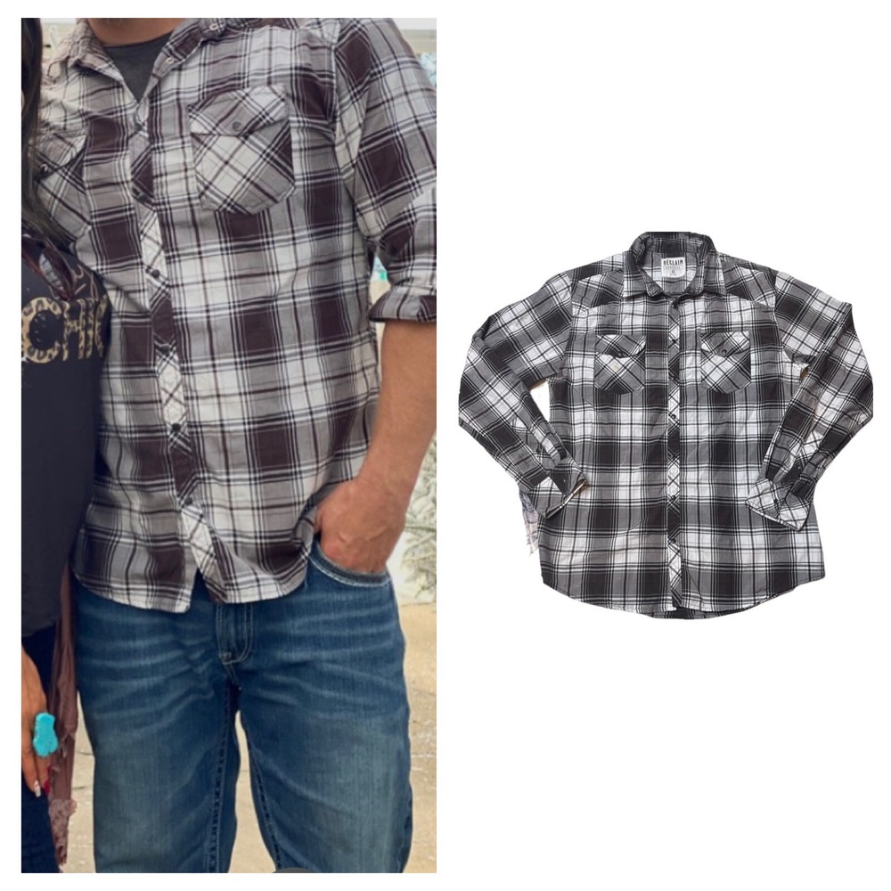 Buckle Reclaim  Mens XL Plaid Pearl Snap Western Shirt Gray Brown Black Cowboy
